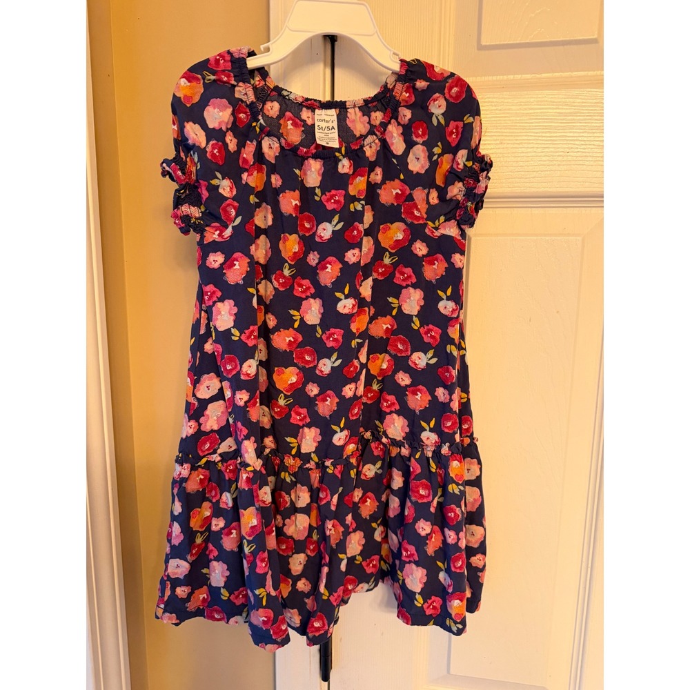 Girls short sleeve, navy blue floral dress